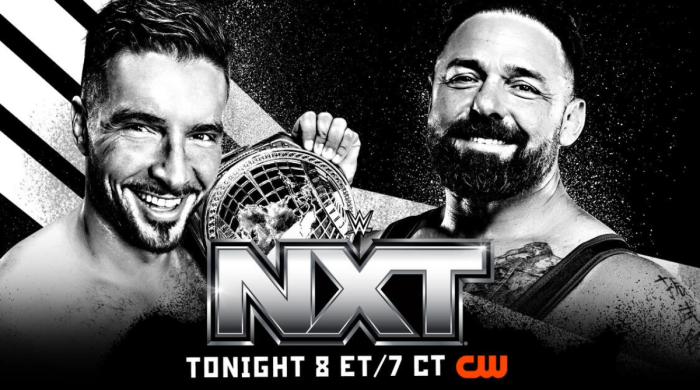 Ethan Page y Santino Marella junto al logo de WWE NXT