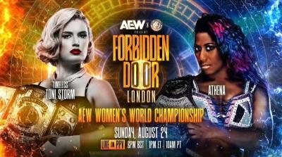 Póster de AEW x NJPW Forbidden Door con Toni Storm y Athena